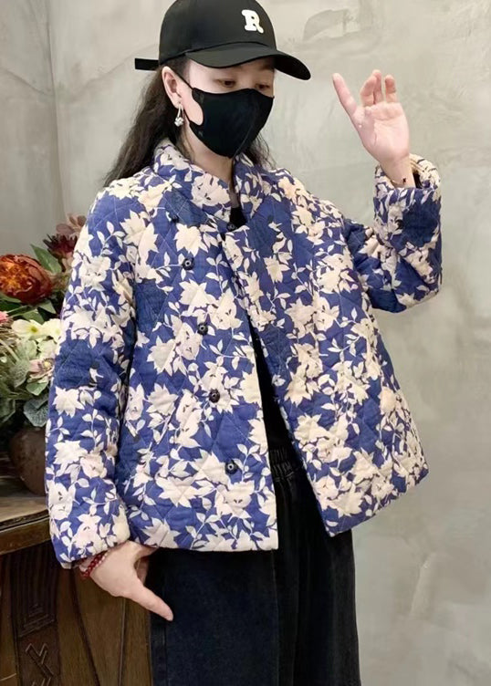 Blue Stand Collar Print Fine Cotton Filled Coat Winter