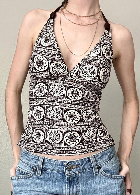 V Neck Print Backless Lace Up Cotton Tank Sleeveless