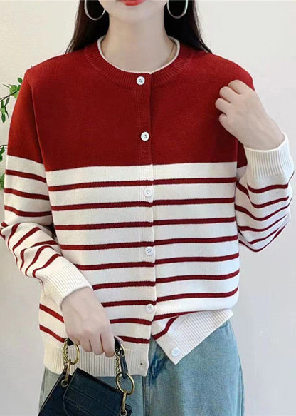 Red Striped Button Knit Cardigan Fall