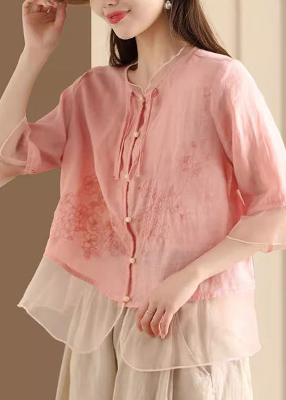 Blue Embroidered Tulle Patchwork Linen Shirt Summer