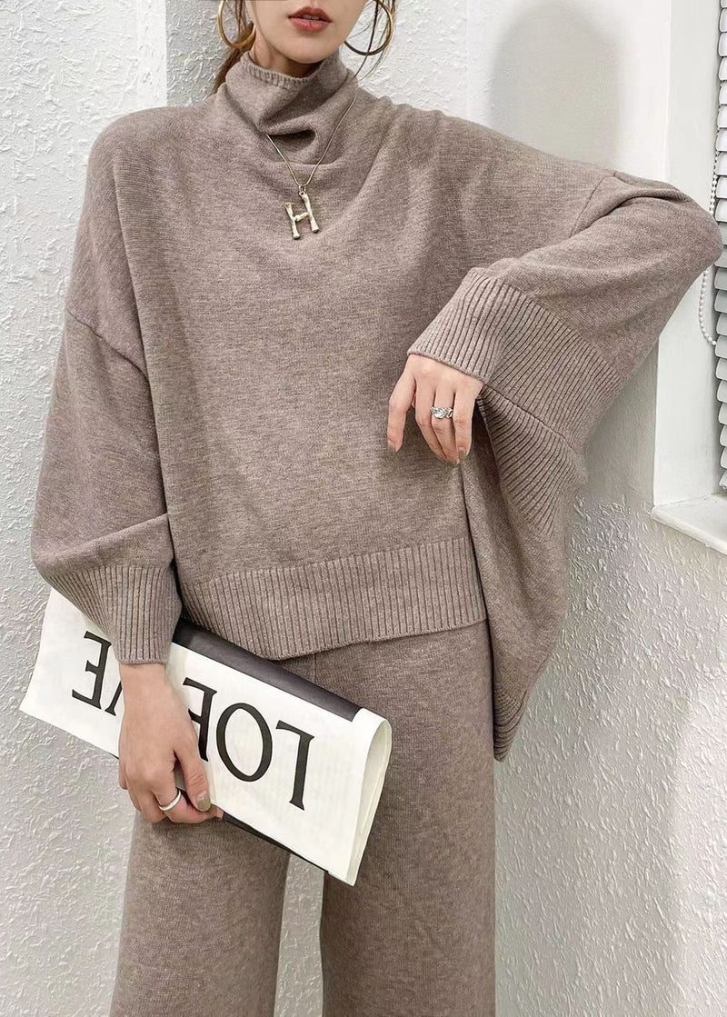 Classy Camel Sweaters and Wide Leg Pants Knit Two Piece Set Spring