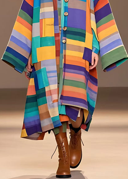 Colorblock Peter Pan Collar Plaid Woolen Long Coat Long Sleeve