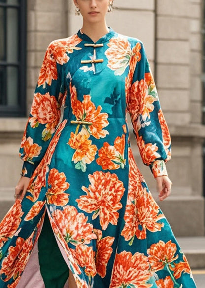 Blackish Green Print Side Open Cheongsam Dress Fall