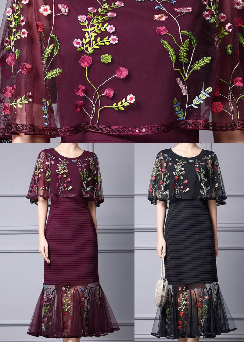 Fine Black Cape Style Dresses Multicolor Embroidered Summer