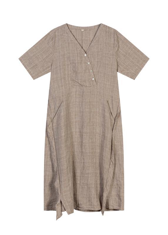 French Khaki Linen Dress V Neck Robe Summer Dresses