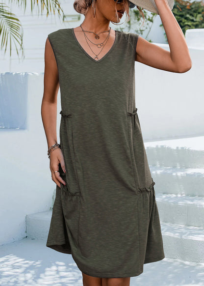 Army Green Pockets Cotton Dress V Neck Summer