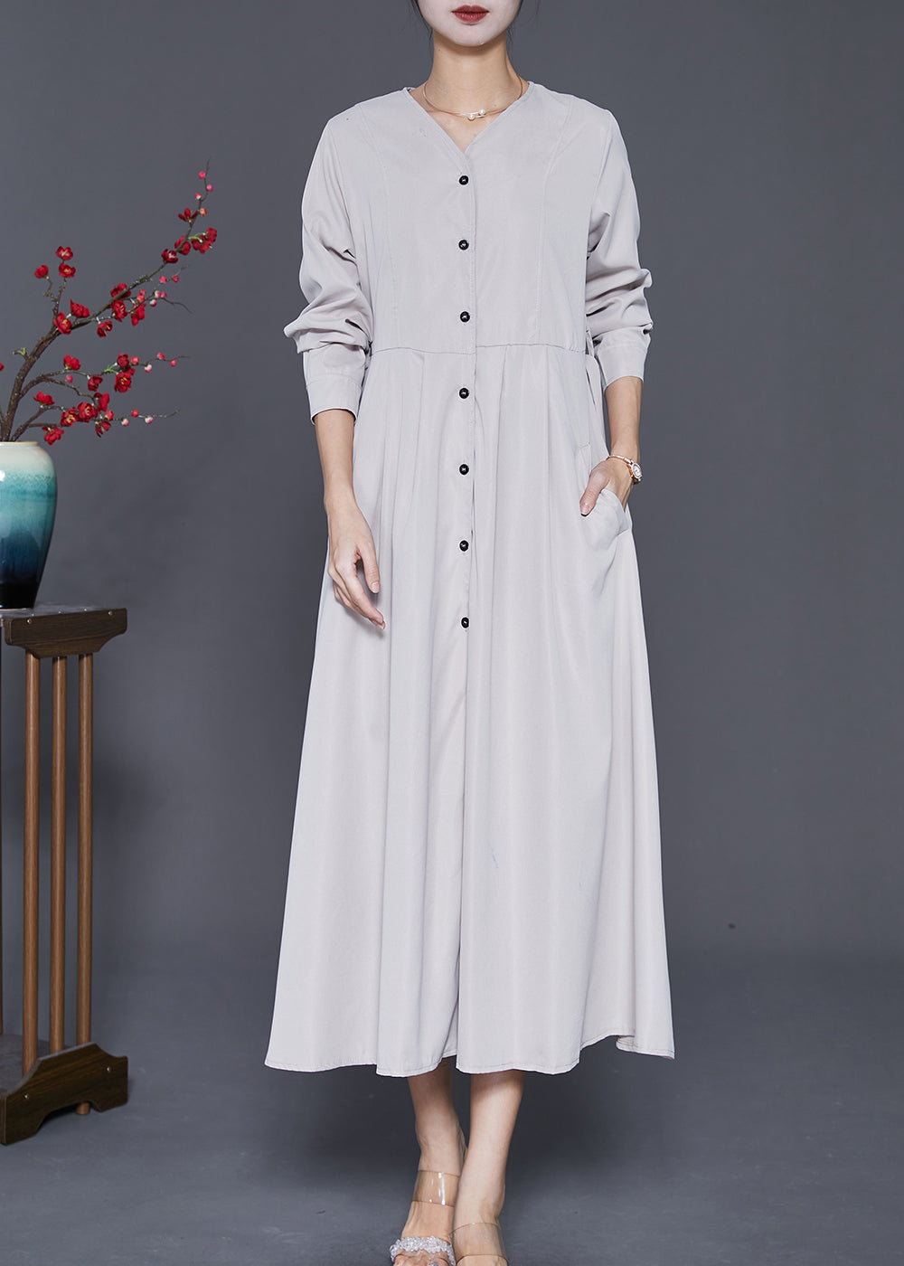 V Neck Tie Waist Exra Large Hem Maxi Dress Fall