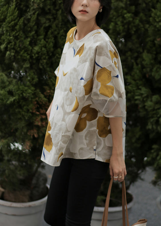 Modern Chocolate Colour O-neck Print Button Tops Half Sleeve