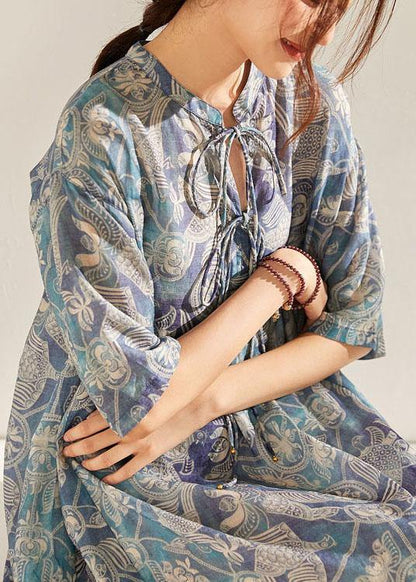 Blue Print O-neck Tie Print Ramie Summer Holiday Dress