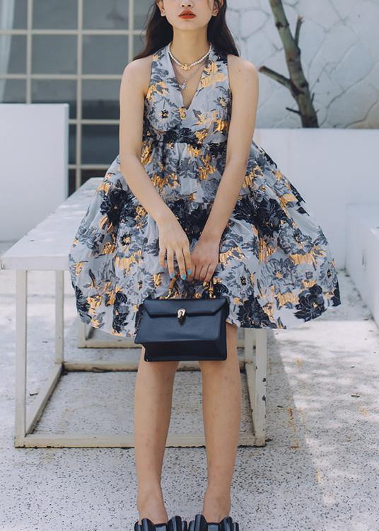 Handmade Grey Print Embroideried V Neck Summer Chiffon Sundress Sleeveless