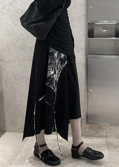 Black Asymmetrical Print Cotton a Line Skirt Spring