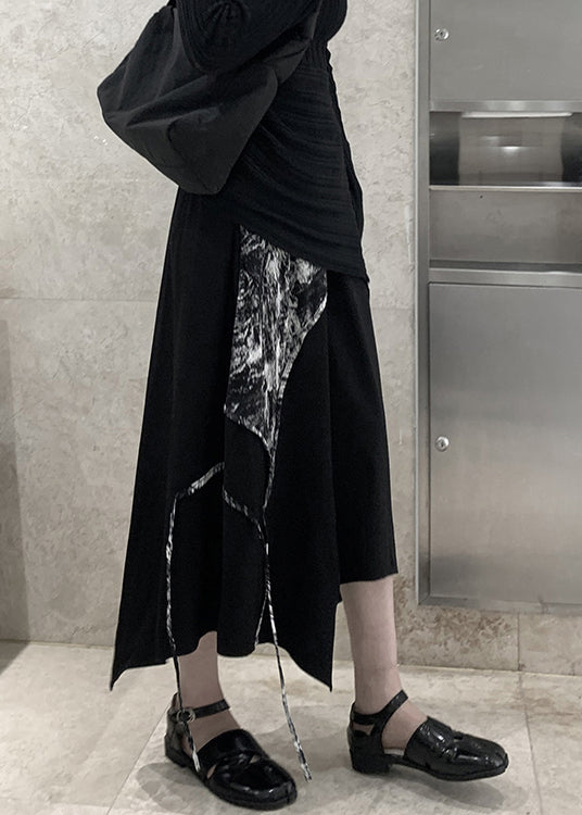 Black Asymmetrical Print Cotton a Line Skirt Spring