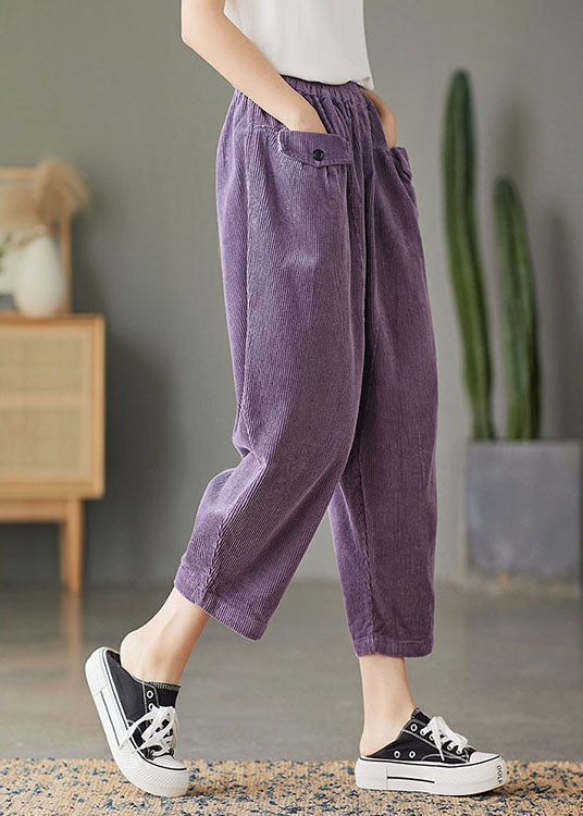 Natural Purple Retro Pockets Corduroy Fall Pants