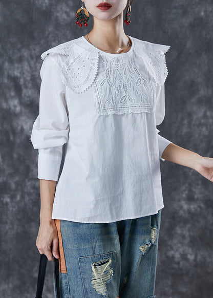 Art White O-neck Lace Patchwork Cotton Shirt Top Fall