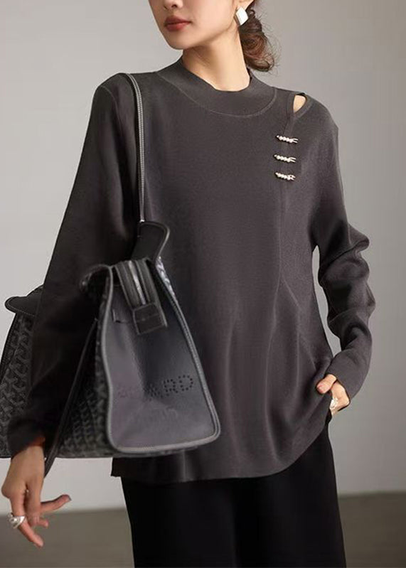 Grey O-neck Hollow Out Knit Top Spring