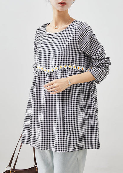 Grey Plaid Cotton Blouse a Line Tops Daisy Fall