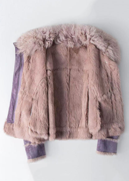 Dark Grey Rabbit Hair Collar Zippered Patchwork Leather and Fur Coat Winter