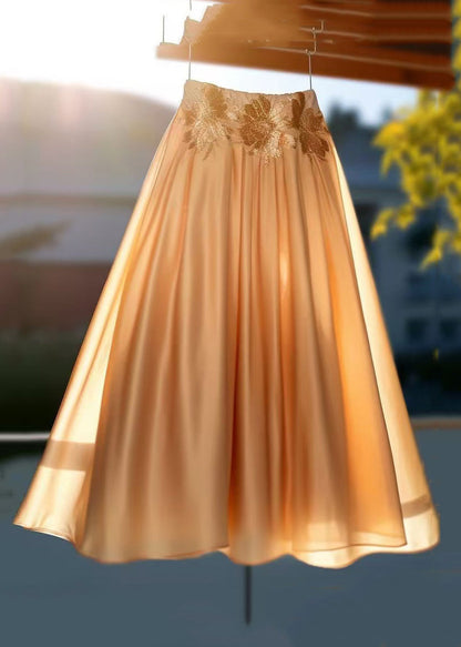 Champagne Gold Embroidered High Waist Cotton Skirts Summer