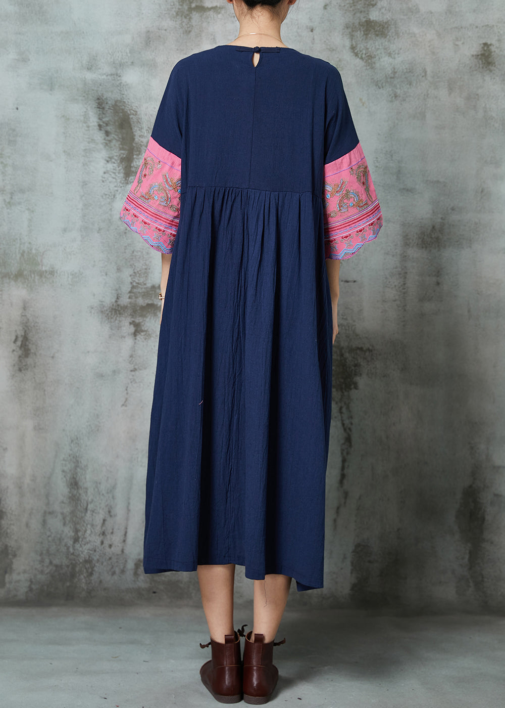 Style Navy Embroidered Patchwork Linen Dresses Summer