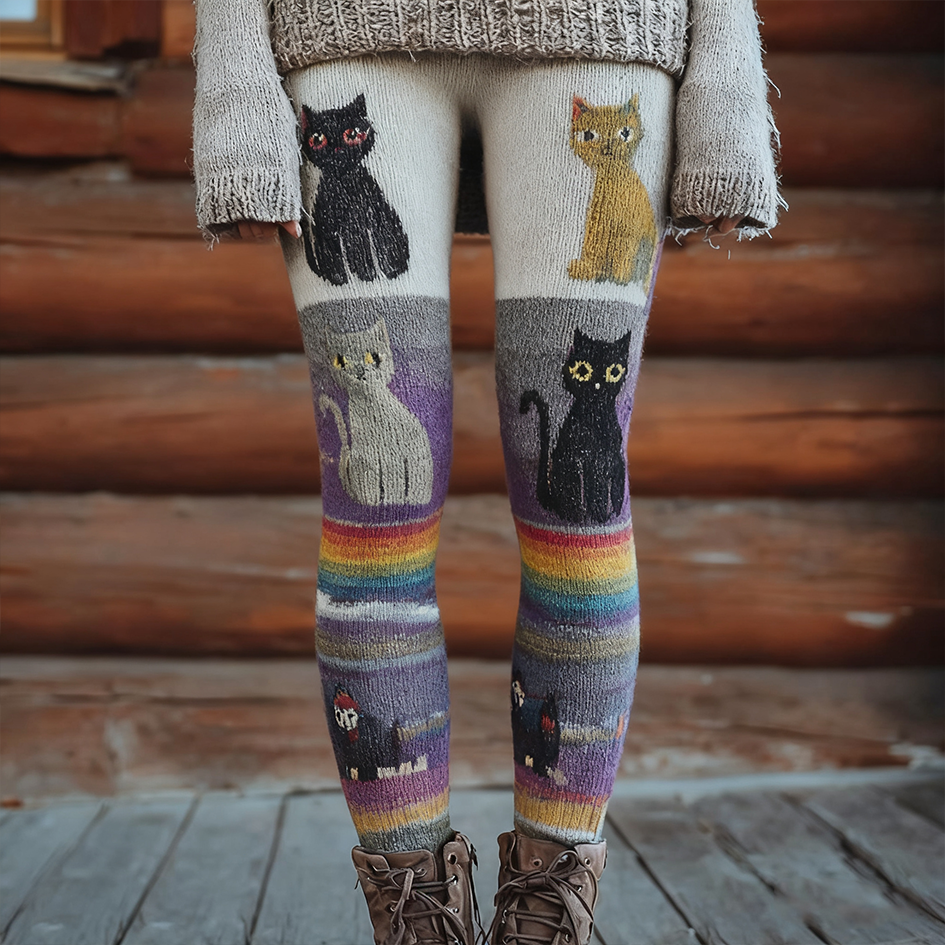 Christmas Fun Cat Knitting Tight-fitting Leggings elevenforest