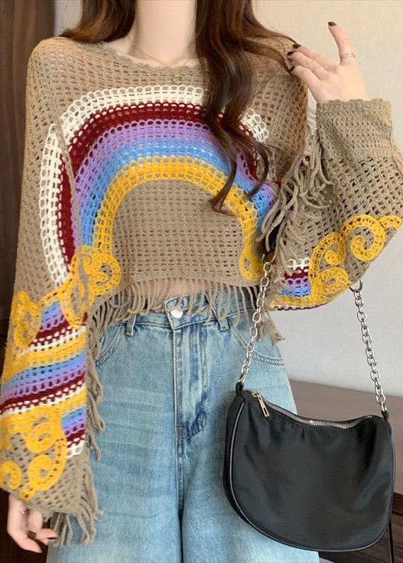 Brown O-neck Tassel Patchwork Knit Tops Fall