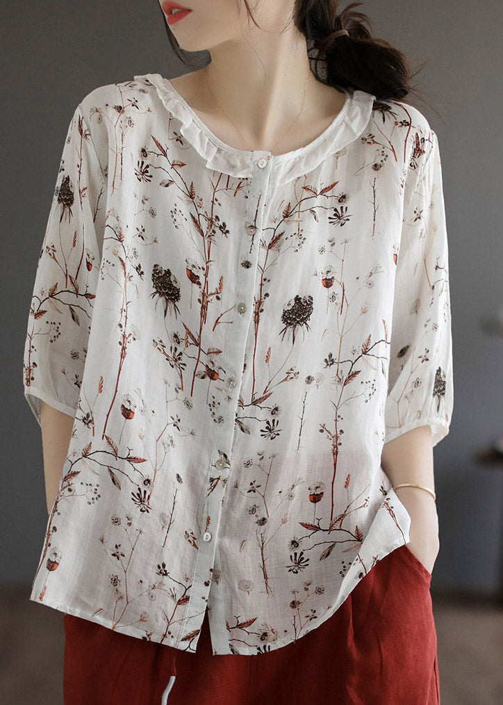 White O-neck Button Linen Shirt Half Sleeve