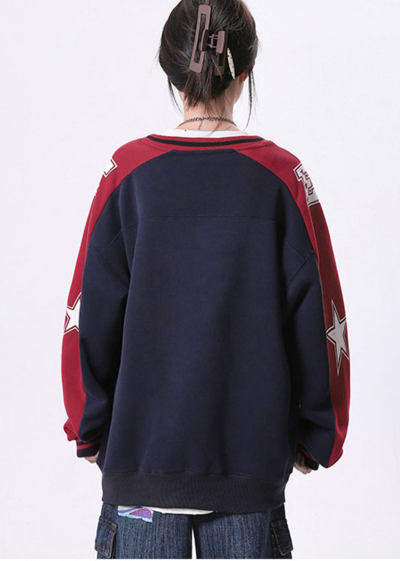 Diy Navy Zip Up Patchwork Cotton Pullover Spring