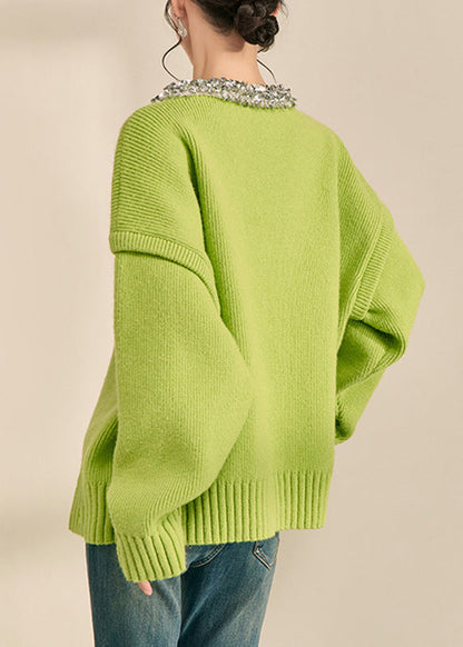 Green O-neck Patchwork Cotton Knit Sweater Long Sleeve Fall