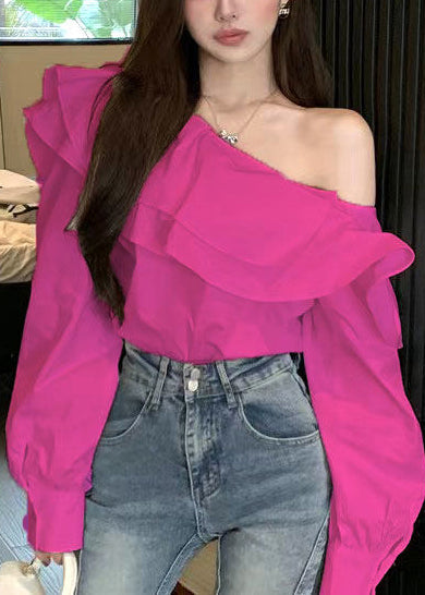Fluorescent Green Ruffled Cotton One Shoulder Blouses Fall