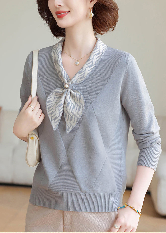 Grey V Neck Striped Knitted Tops Winter