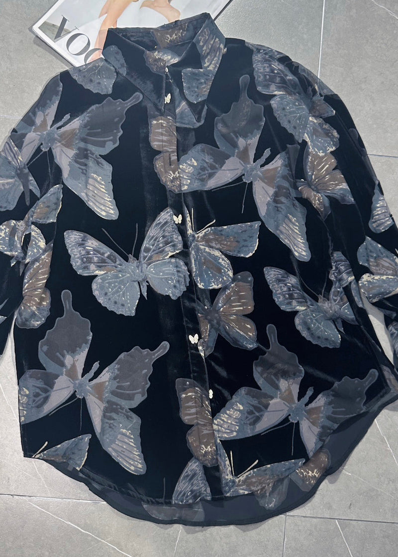 Black Peter Pan Collar Butterfly Silk Velour Top Fall