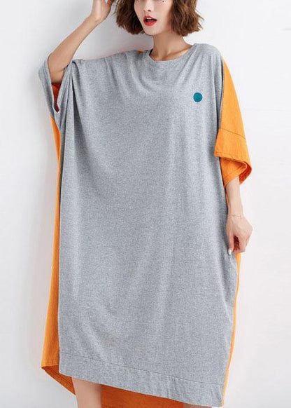 Grey Patchwork Orange Low High Graphic Summer Half Sleeve Vacation Dress