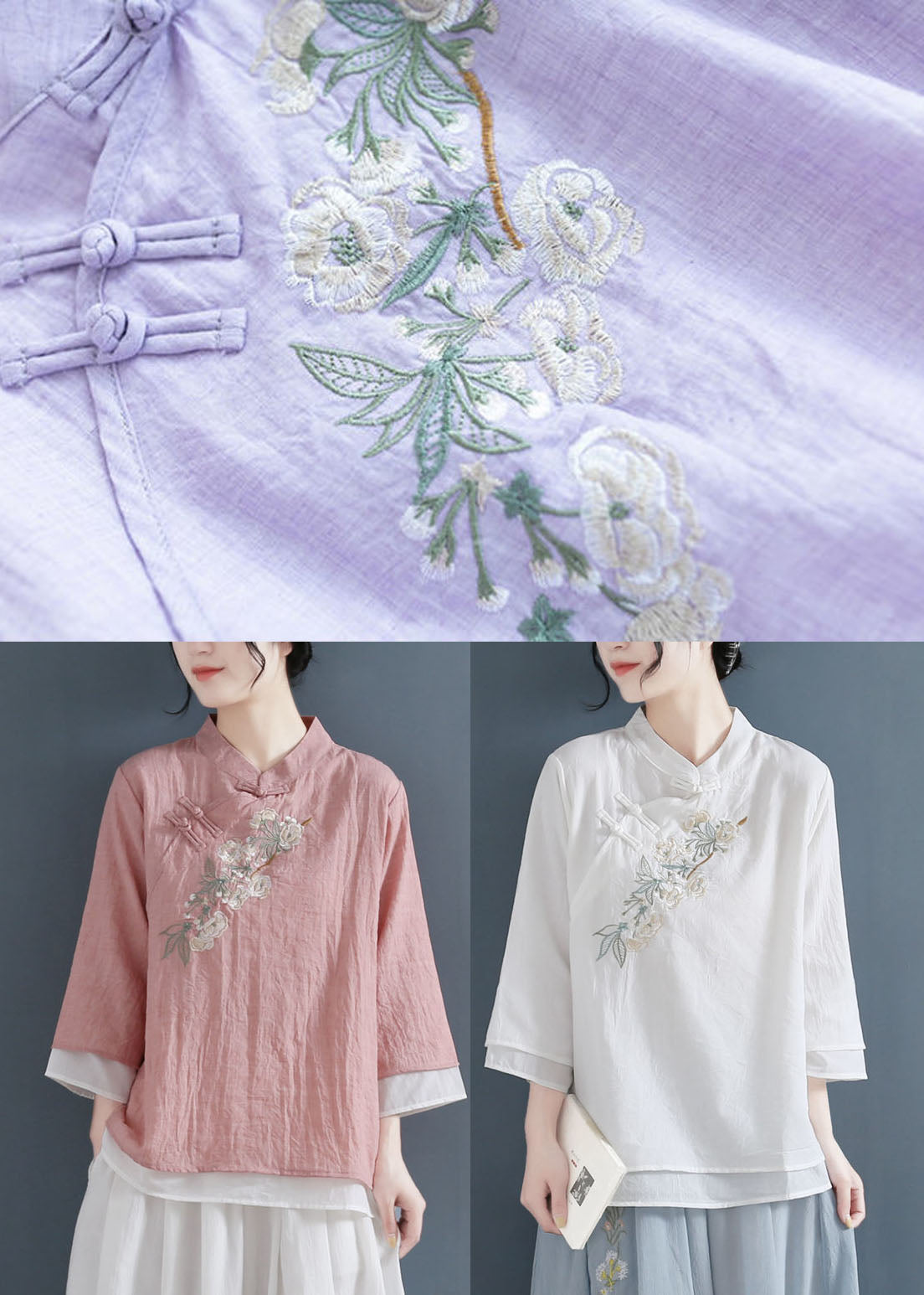 Pink Stand Collar Embroideried Cotton Fake Two Piece Shirts Three Quarter Sleeve