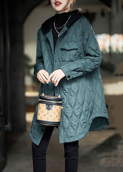 Peacock Green Hooded Pockets Cotton Filled Coats Winter