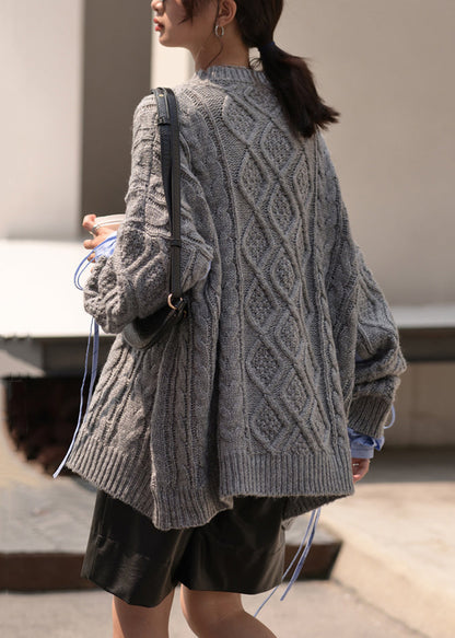 Black O Neck Drawstring Patchwork Cotton Knit Sweaters Fall