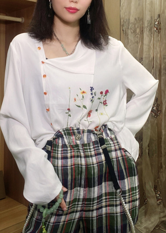Italian White O-neck Print Button Cotton Top Fall