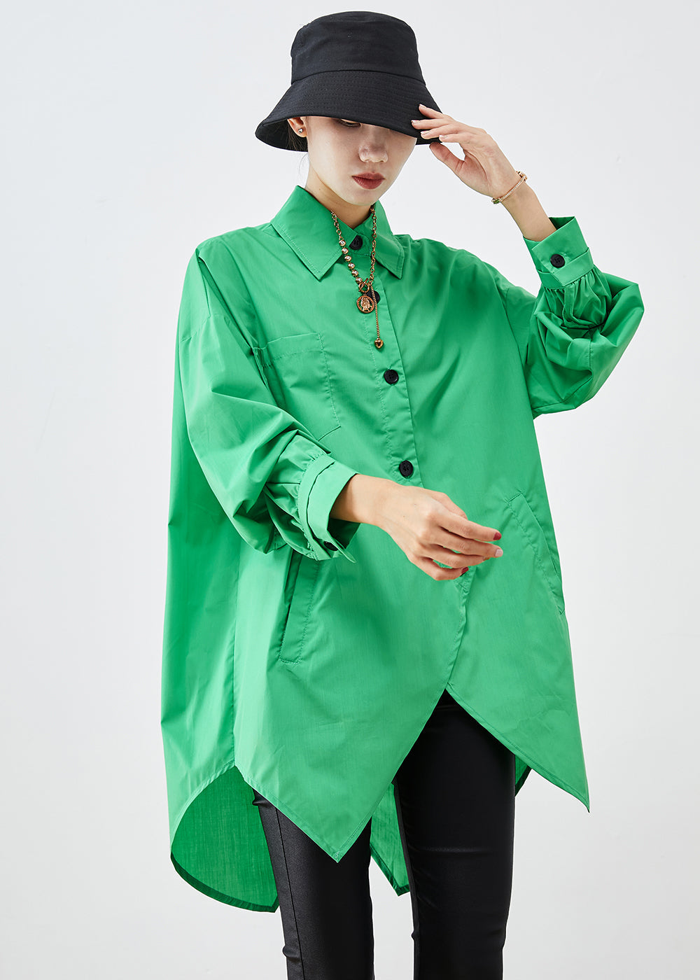 Green Asymmetrical Button Down Cotton Shirt Fall