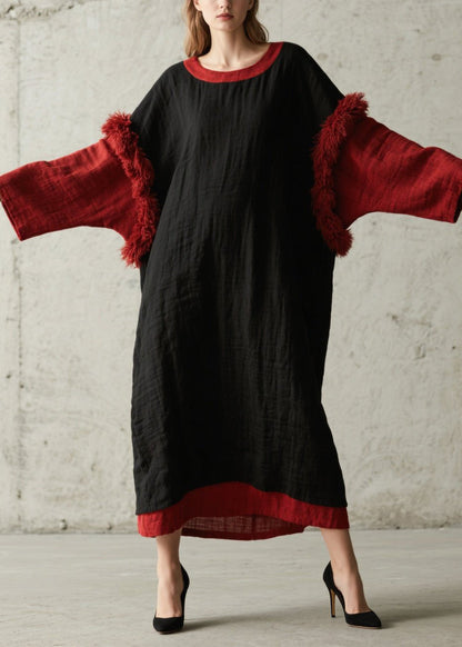 Black Oversized Patchwork Faux Fur Maxi Dresses Fall