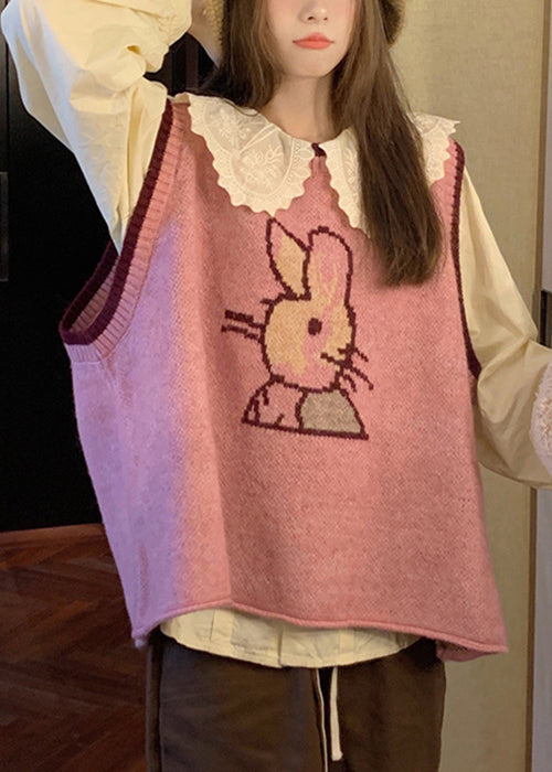 New Pink O-neck Waistcoat and Blouses Cotton Knit Two Pieces Set Fall