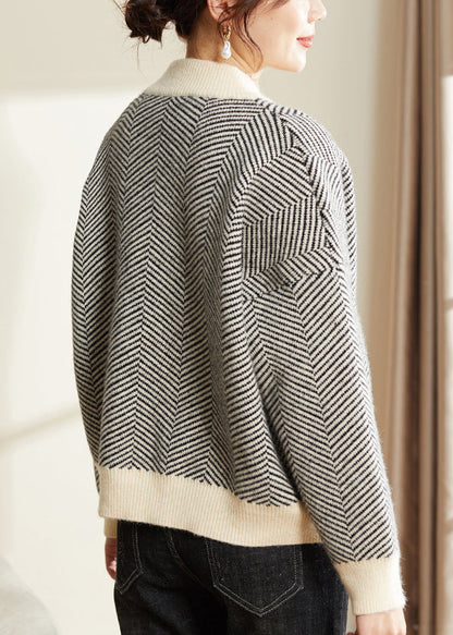 Striped V Neck Button Patchwork Knit Coats Fall