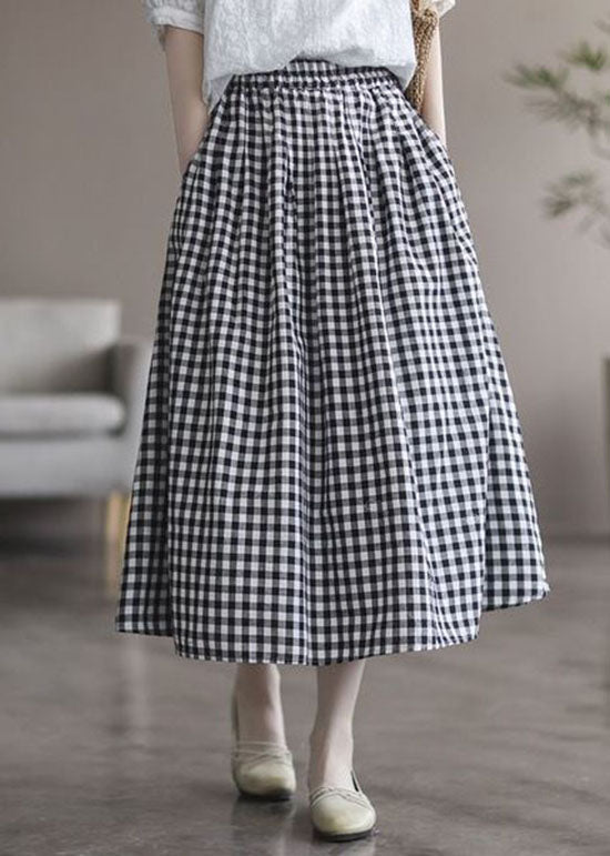 Plaid Wrinkled Pockets Patchwork Cotton Skirts Summer