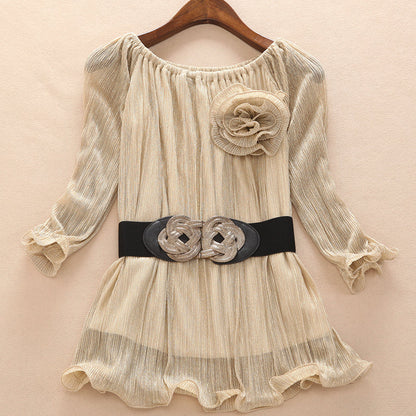 French Golden O-neck Chiffon Shirts Spring Summer