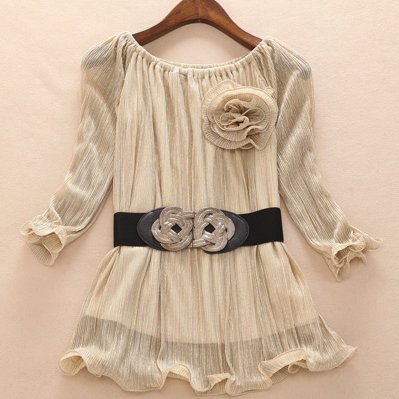 French Golden O-neck Chiffon Shirts Spring Summer