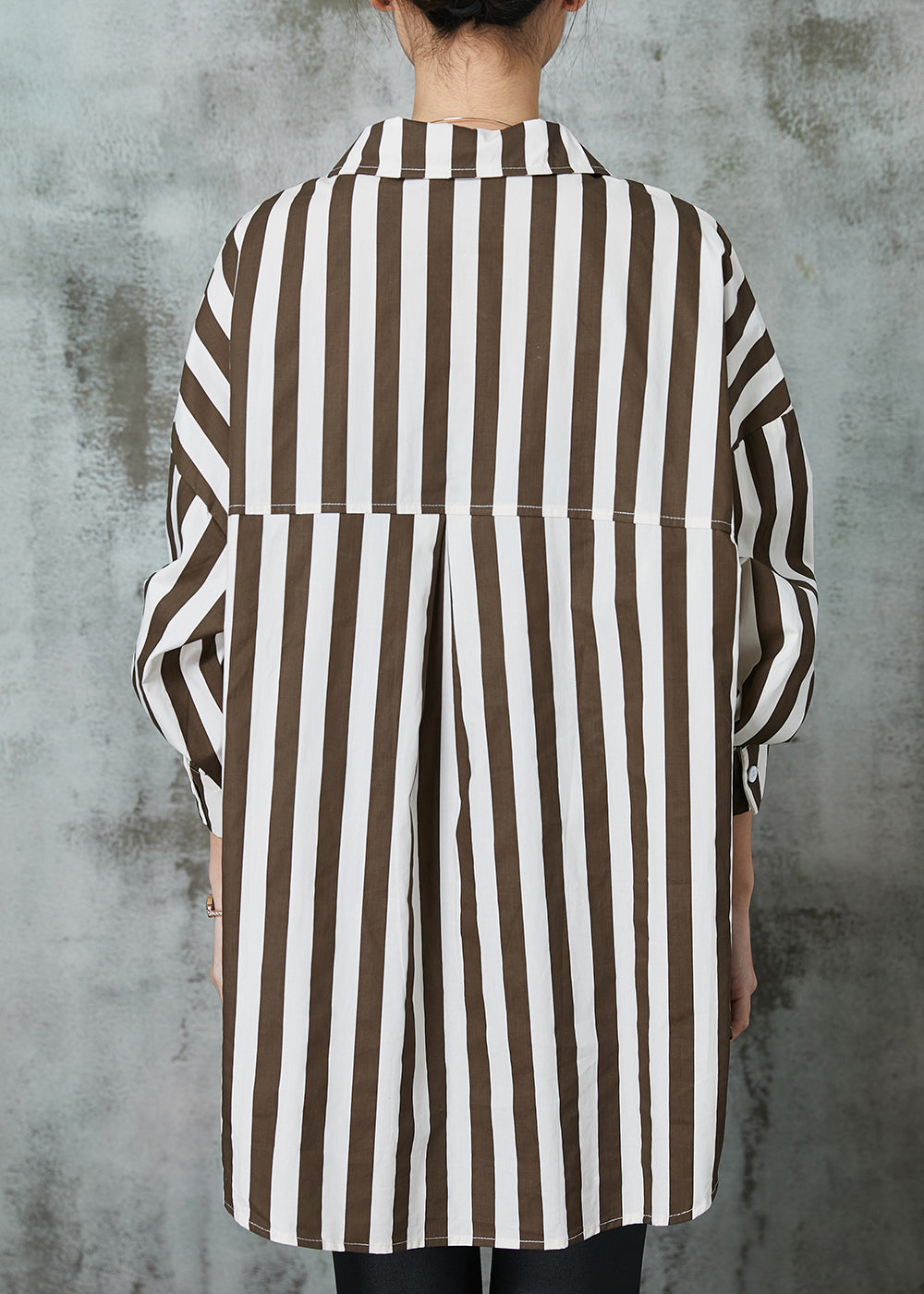Khaki Oversized Striped Cotton Shirt Tops Spring