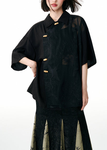 Black Peter Pan Collar Embroideried Patchwork Tulle Blouses Fall