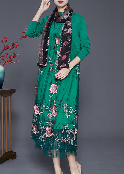 Green Patchwork Tulle Knit Dress Embroideried Fall