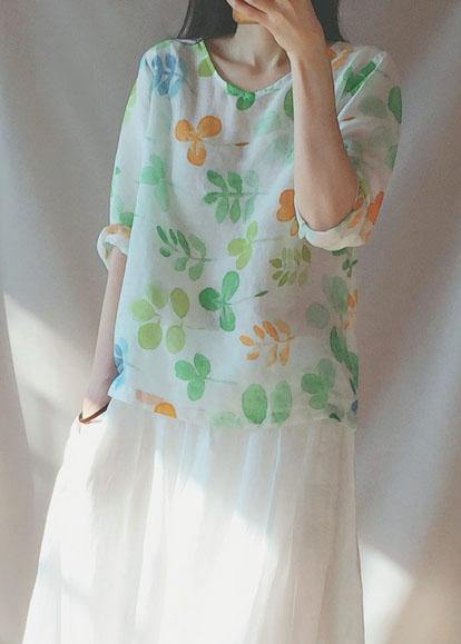 Classy O Neck Blouses for Shape Green Leaf Print Shirts