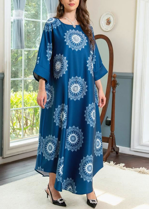 Blue O Neck Print Cotton Maxi Dresses Summer
