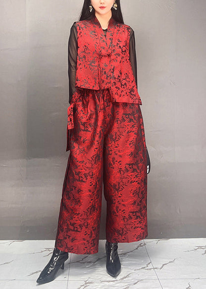 Black Print Asymmetrical Silk Cotton Waistcoat and Wide Leg Pants Two Piece Set Fall