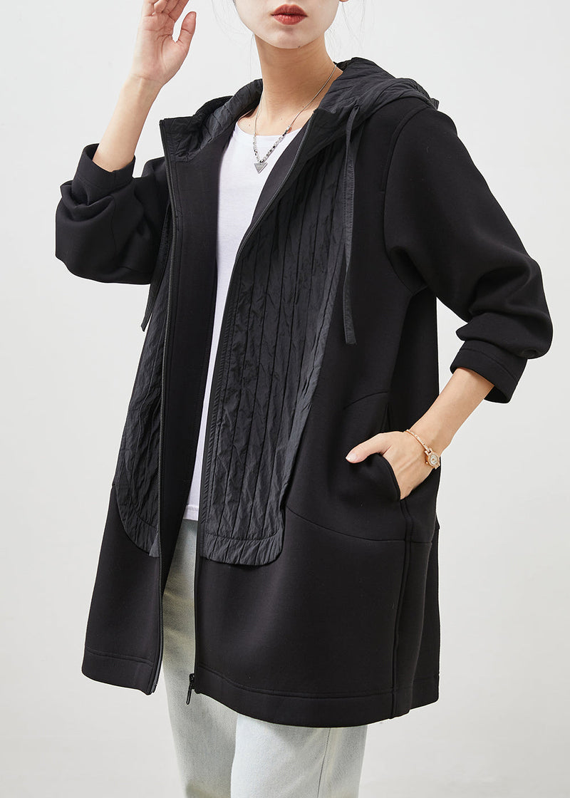 Black Hooded Patchwork Cotton Coat Outwear Spring